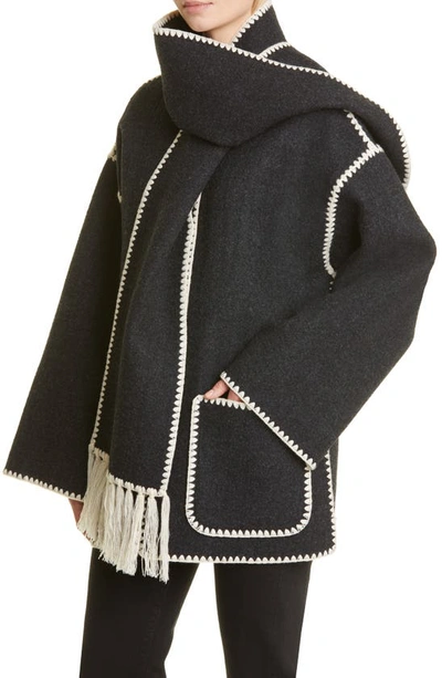 Shop Totême Toteme Chain Stitch Wool Blend Scarf Jacket In Dark Grey Melange