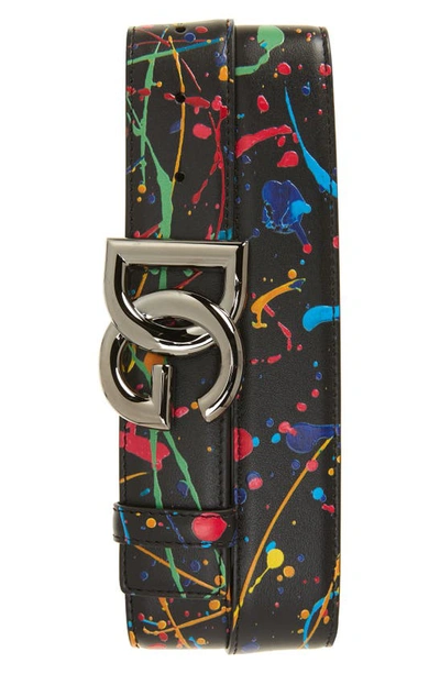 Shop Dolce & Gabbana Paint Splatter Logo Buckle Leather Belt In Black Multi