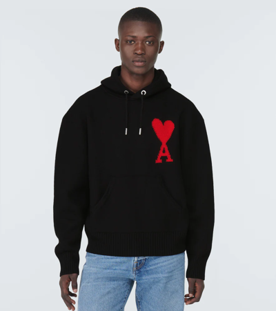 Shop Ami Alexandre Mattiussi Wool Hooded Sweater In Black/red