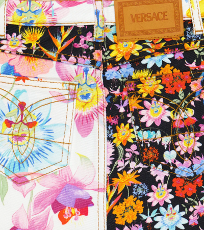 Shop Versace Floral Denim Miniskirt In Nero+bianco+multicolor
