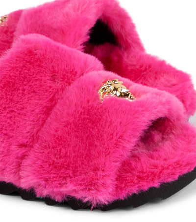 Shop Versace Medusa Faux Fur Slides In Fuxia-oro