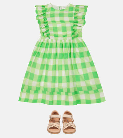 Morley Breeze Checked Ruffled Cotton Dress In Green