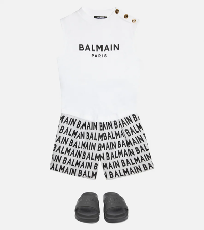 Balmain Black All Over Branded Bermuda Shorts In 110ne-beige/nero