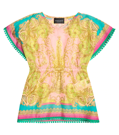 Versace Barocco Cotton And Silk Beach Cover-up In Mauvelous+citron