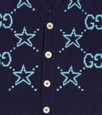 Shop Gucci Gg Intarsia Wool Cardigan In Navy/baby Blue