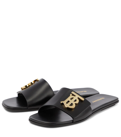 Burberry Philippa Leather Monogram Flat Sandals In Black | ModeSens