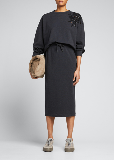 Shop Brunello Cucinelli Drawstring Felpa Jersey Midi Skirt In C055 Charcoal