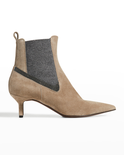 Shop Brunello Cucinelli Suede Cashmere Kitten-heel Ankle Booties In Light Taupe