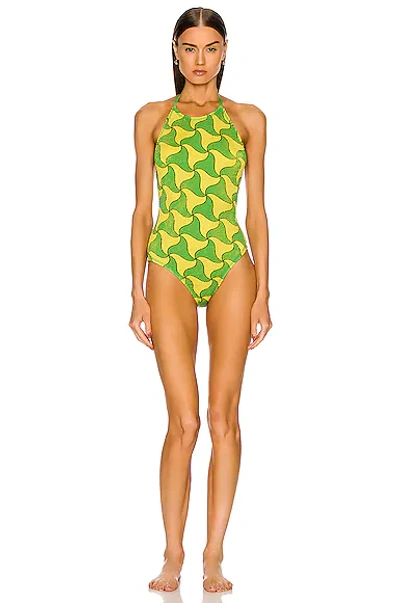 Shop Bottega Veneta Wavy Triangle Crinkle Swimsuit In Parakeet & Kiwi