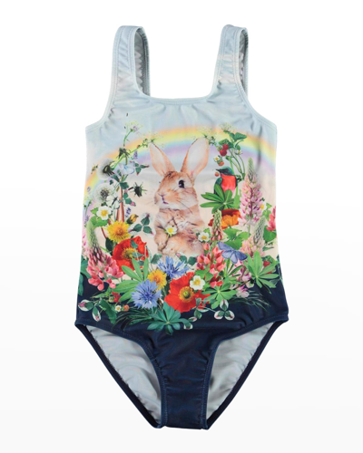 Shop Molo Girl's Nika Butterfly One-piece Swimsuit In Bunny Cuteness