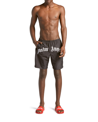 Shop Palm Angels Men's Curved-logo Swim Shorts In Black White