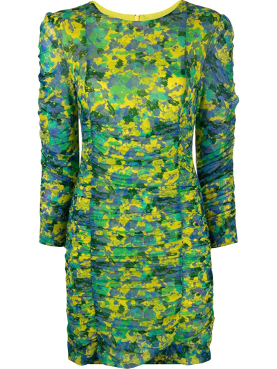 Shop Ganni Abstract-print Ruched Dress In Grün