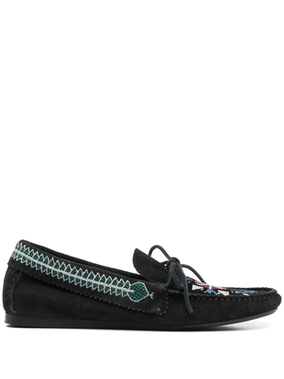 Isabel Marant Freen Embroidered Suede Moccasin Loafers In Schwarz