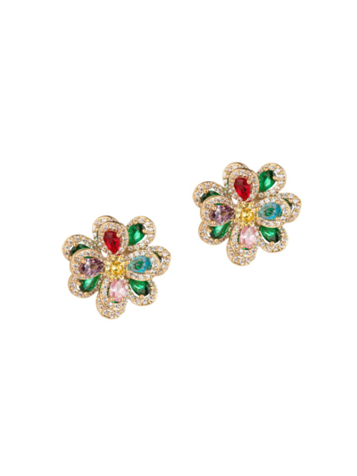 Shop Eye Candy La Women's Luxe Rainbow Floral Goldtone & Crystal Stud Earrings In Brass