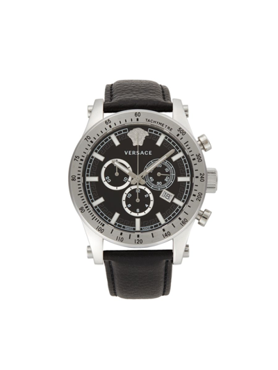 Shop Versace Men's 44mm Chrono Stainless Steel & Leather Strap Watch In Black