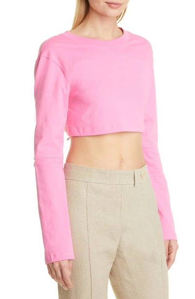 Shop Jacquemus Le Shirt Piccola Cutout Cotton Crop Top In Dark Pink