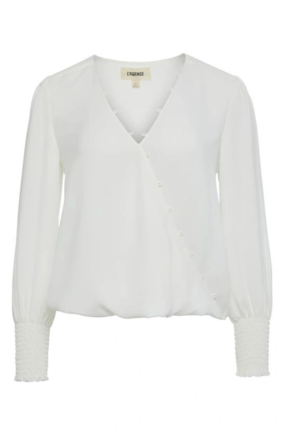 Shop L Agence Enzo Surplice V-neck Smocked Cuff Blouse In Ivory