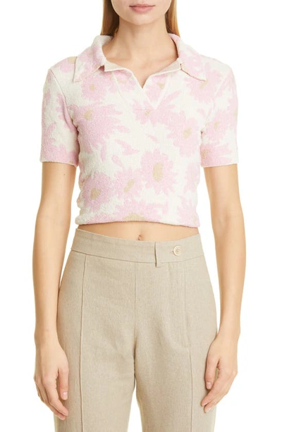 Shop Jacquemus Le Polo Bagnu Open Back Terry Crop Polo In Jacquard Pink Flowers