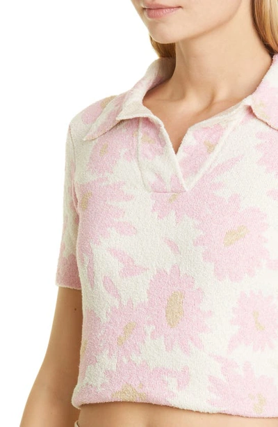 Shop Jacquemus Le Polo Bagnu Open Back Terry Crop Polo In Jacquard Pink Flowers