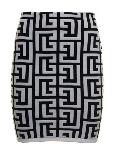 Shop Balmain Women's White And Black Monogram Knit Skirt In White/black