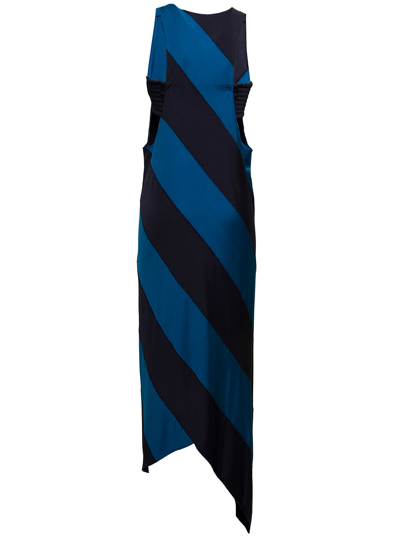Shop Marni Woman's Striped Viscose Long Asymmetrical Dress In Blu