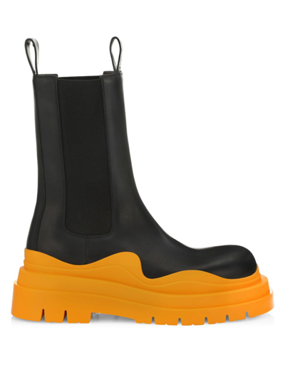 Shop Bottega Veneta Men's Contrast-sole Leather Tire Boots In Black Yellow