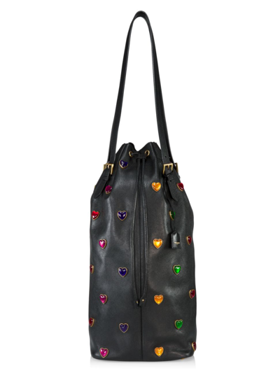 Shop Saint Laurent Large Riva Heart-embellished Leather Bucket Bag In Noir