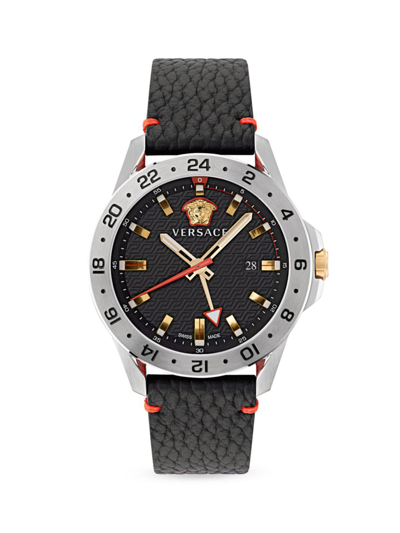 Shop Versace Men's Sport Tech Gmt Leather Watch In Stainless Steel