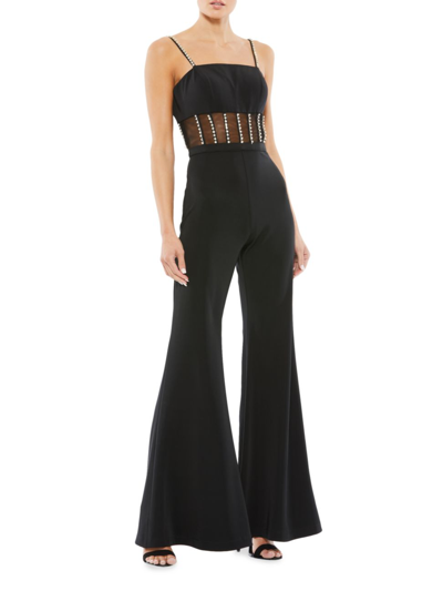 Shop Mac Duggal Women's Ieena Crystal-embellished Mesh-inset Wide-leg Jumpsuit In Black