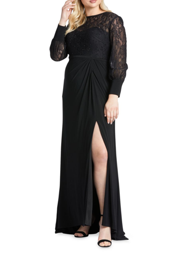 Shop Mac Duggal Women's Plus Size Lace Long-sleeve Gown In Black