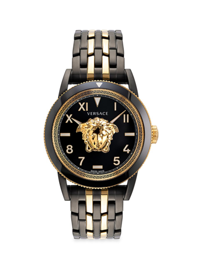 Shop Versace Men's Palazzo Two-tone Matte Stainless Steel Greca Bracelet Watch In Yellowgold Black