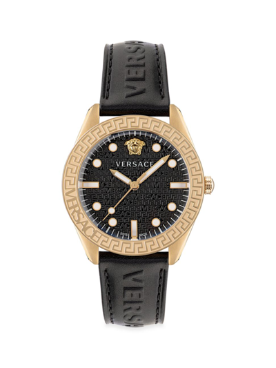 Shop Versace Men's Greca Dome 42mm Leather Watch In Ip Yellow Gold