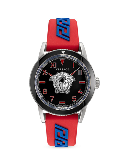 Shop Versace Men's Palazzo Stainless Steel Greca Silicone Watch In Red