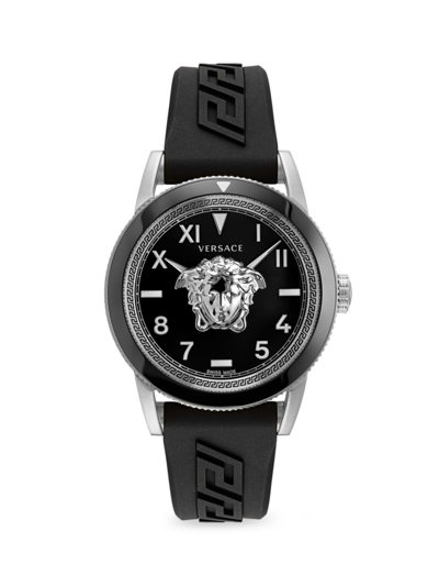 Shop Versace Men's Palazzo Silvertone Greca Silicone Watch In Black