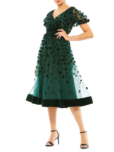 Shop Mac Duggal Women's Velvet Flower-embellished Midi-dress In Emerald Green