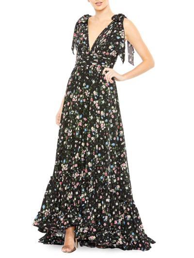 Shop Mac Duggal Women's Tiered Sleeveless Floral Print Gown In Black Multi