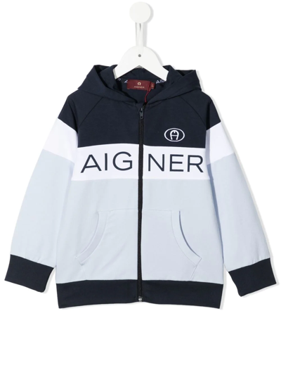 Aigner Logo-print Panelled Zip Hoodie In Blue