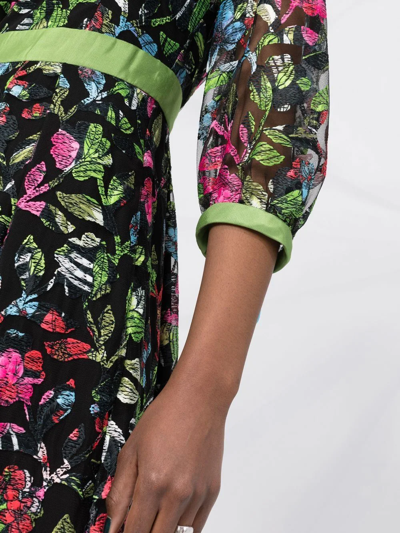 Emporio Armani Floral-embroidered Sheer-sleeve Dress In Black