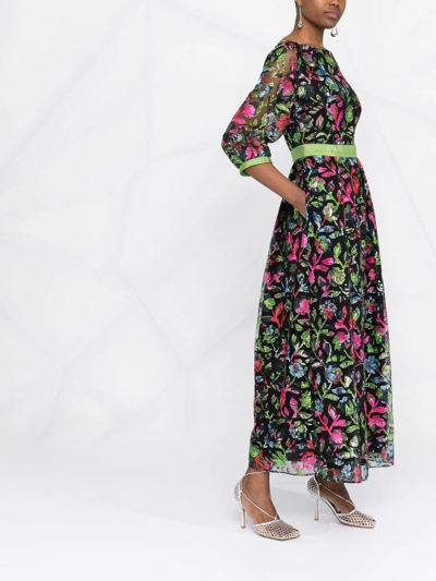 Emporio Armani Floral-embroidered Sheer-sleeve Dress In Black