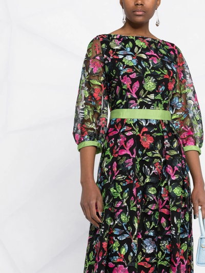 Emporio Armani Floral-embroidered Sheer-sleeve Dress In Nero-verde |  ModeSens