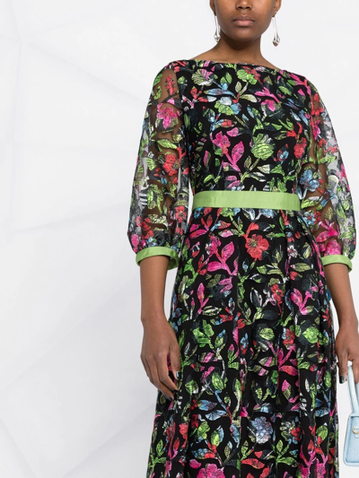 Emporio Armani Floral-embroidered Sheer-sleeve Dress In Black