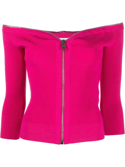 Shop Alexander Mcqueen Front-zip Off-shoulder Top In Pink
