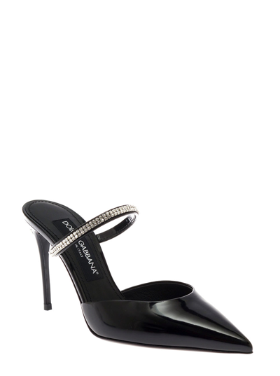 Shop Dolce & Gabbana Womans Glossy Black Leather Mules With Crystal Detail