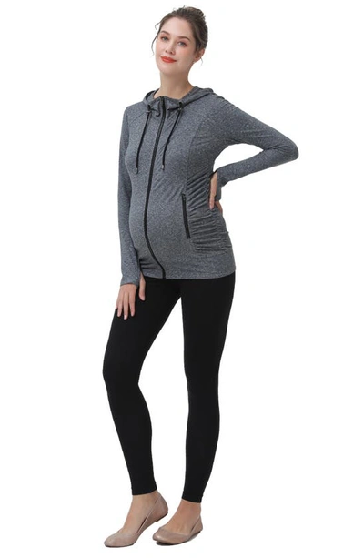 Shop Kimi And Kai Momo Ruched Zip Maternity Hoodie In Dark Heather Gray