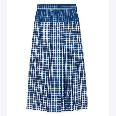 Shop Tory Burch Picnic Plaid Silk Pleated Skirt In Blue