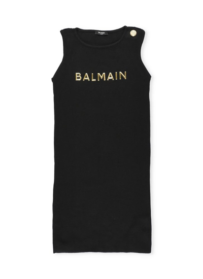 Shop Balmain Kids Logo Detailed Sleeveless Dress In Black
