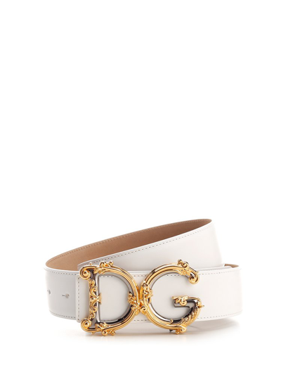 Shop Dolce & Gabbana Baroque Logo Plaque Buckle Belt In White