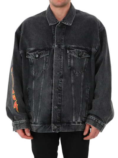 Shop Balenciaga Logo Printed Long Sleeved Denim Jacket In Black