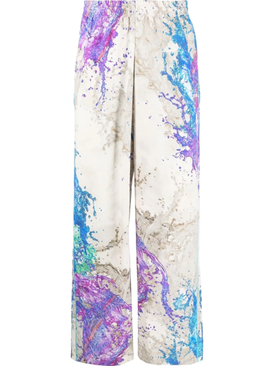 Grey Splash Print Pants In Beige,purple,blue