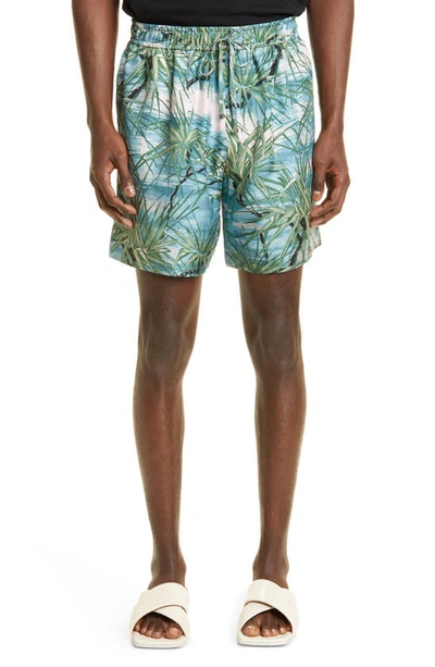 Shop Amiri Aloha Tree Silk Shorts In Blue